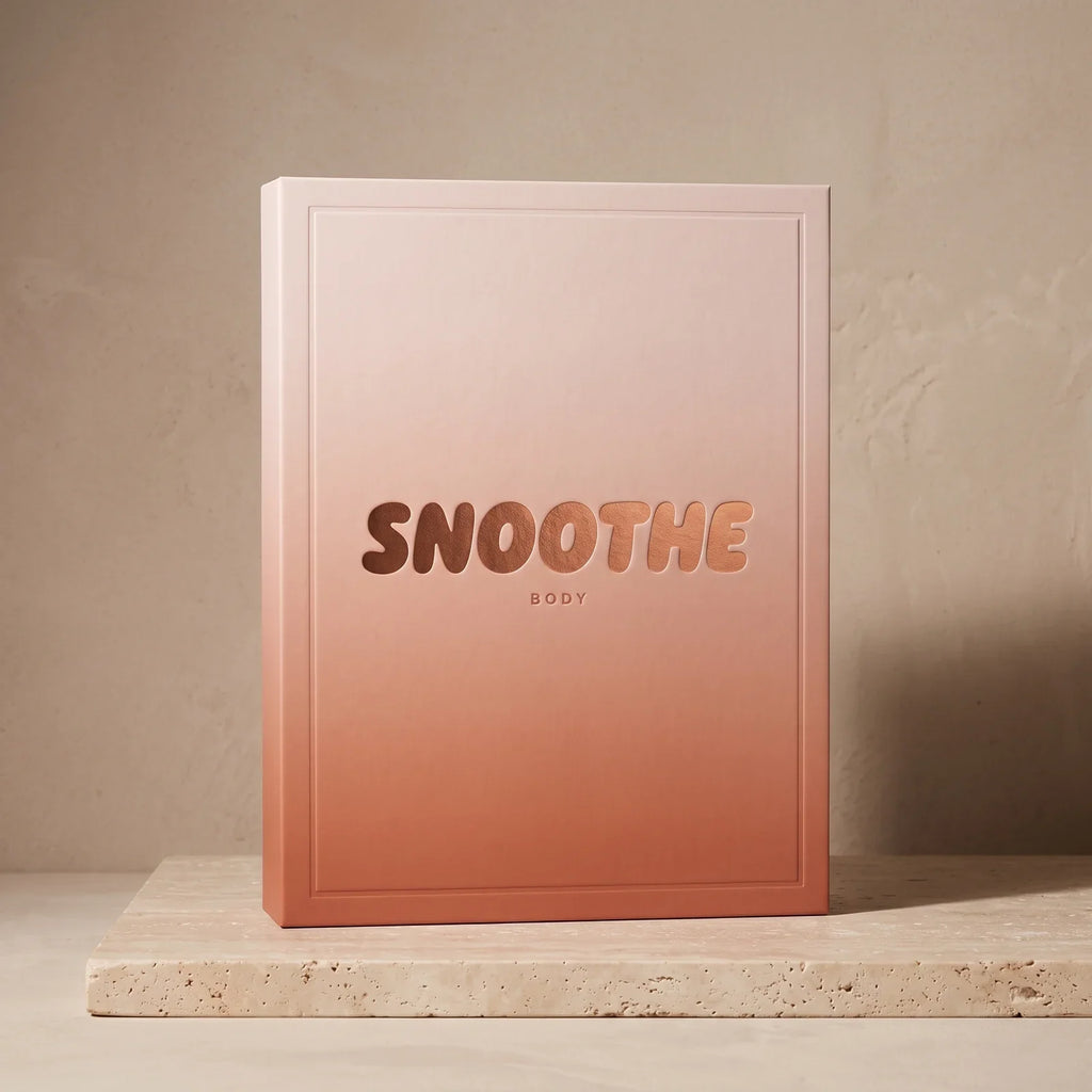 Snoothe packaging — soft-touch box with a debossed copper-foil wordmark