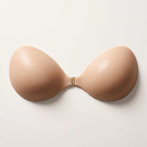 Snoothe Push-Up Sticky Bra — sand silicone cups with a brushed-brass centre clasp