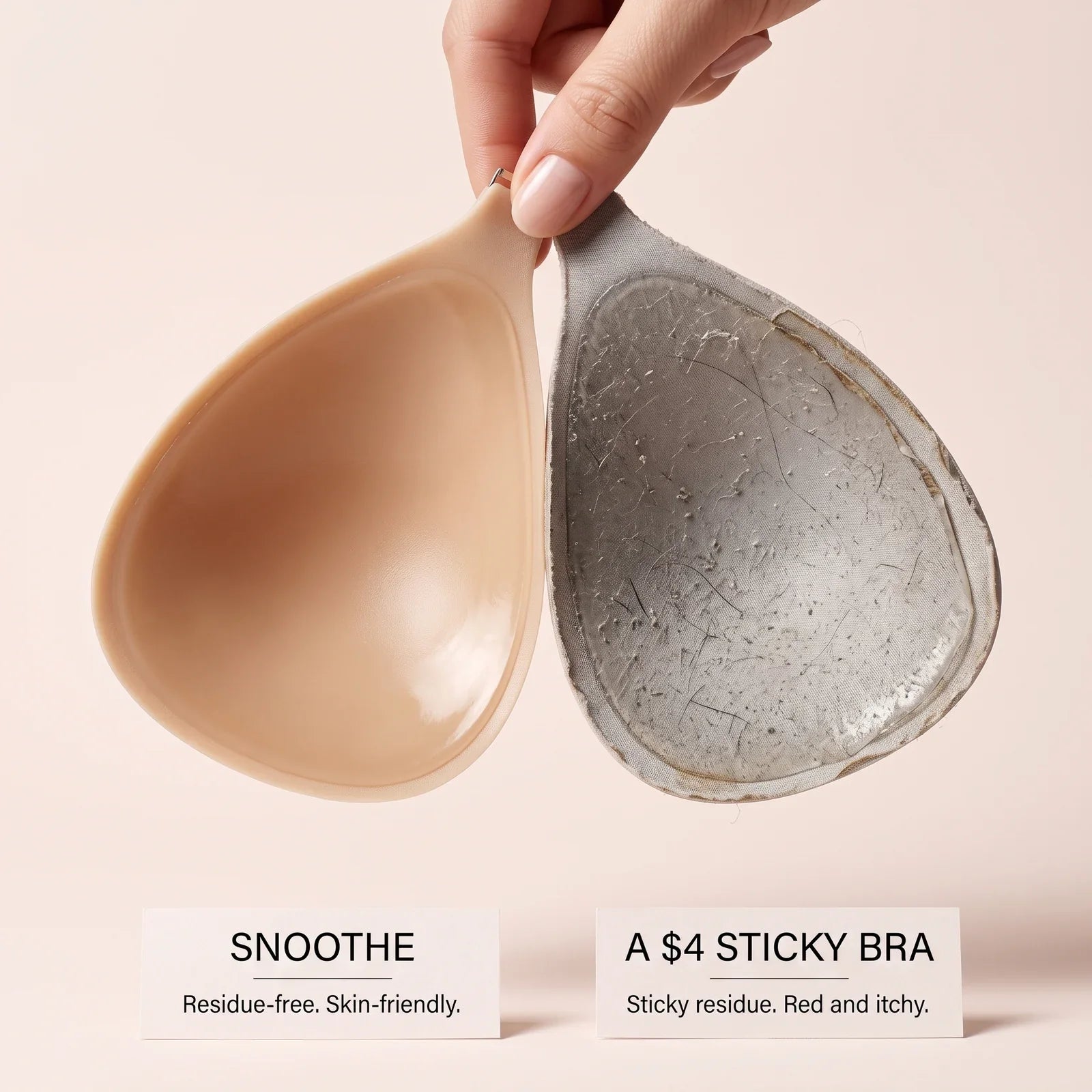 Snoothe versus a $4 sticky bra — residue-free against sticky residue