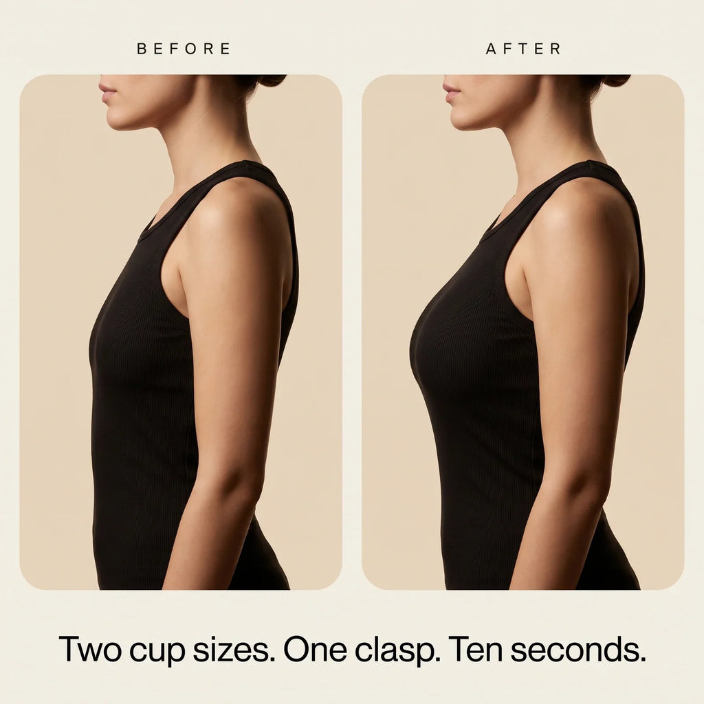 Before and after in profile — two cup sizes, one clasp, ten seconds